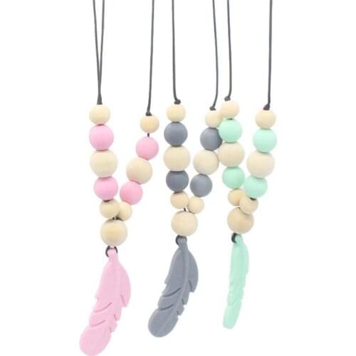 Baby Teething Feathers Chewing Necklace Food Grade Silicone Beads Long Chain Baby Good Silicone Bead Nurse Gift For Baby Teether