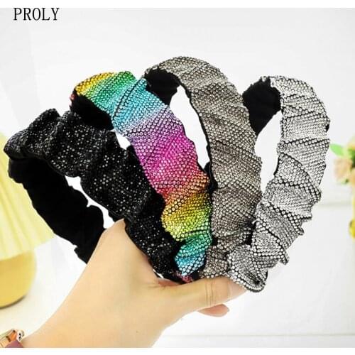 PROLY New Fashion Women Headband Shining Rhinestone Headwear Pleated Casual Hairband Adult Hair Accessories