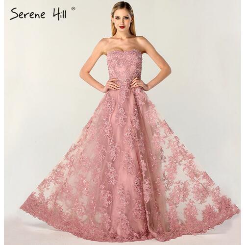 Pink Off Shoulder Sexy A-Line Evening Dresses 2020 Handmade Flowers Crystal Sleeveless Formal Dress Real Photo LA6614