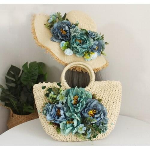 Fashion Half Moon Straw Handbags Women Summer Beach Bag Rattan totes Luxury Handmade Flower Design Woven Handbag with Sun Hat