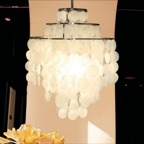 Modern Chandelier Round Natural Capiz shells Hanglamp White Pendant Lamp for Living Room Bedroom Bar Fixture Indoor Lighting