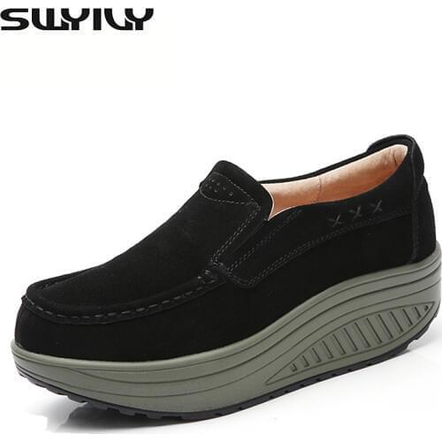 New Genuine Leather Women Swing Shoes Slip-on Loss Weight Toning Shoes Wedge 5CM Height Increasing Slimming Sneakers 34-40