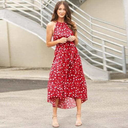 Womens Summer Sundresses Polka Dot Floral Print Boho Irregular Hem Long Dress Spaghetti Straps Bandage Party Dresses Vestidos