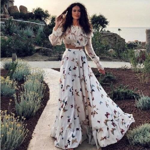 Ladies Dress Suit One-shoulder Butterfly Print Two-piece Suit Bohemian Big Skirt Beach Dress Street Casual Wear