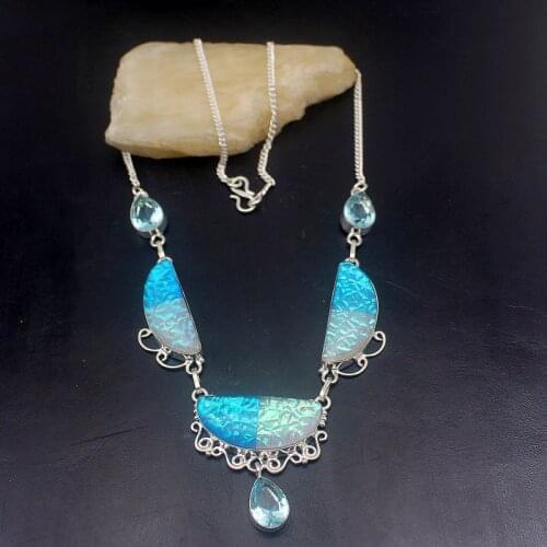 Elegant Charms Blue Dichroic Glass Topazz Silver Color Women Necklace Chain 19 Inch HD219