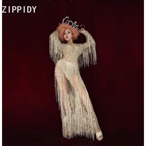 2019 New Gold Tassel Stones See Through Mesh Dress Womens Birthday Celebrate Dress Bar Evening Outfit Women Dancer Long Dress