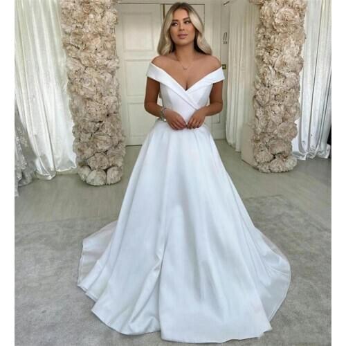 2020 New arrival Satin Wedding Dresses V Neck Off Shoulder Button Back A Line Bridal Gowns Vestido De Noiva Bride Dresses