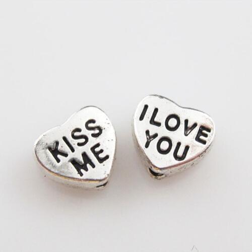 40Pcs Tibetan Silver "I LOVE YOU""KISS ME" Heart Spacer Beads Charms 7x8mm