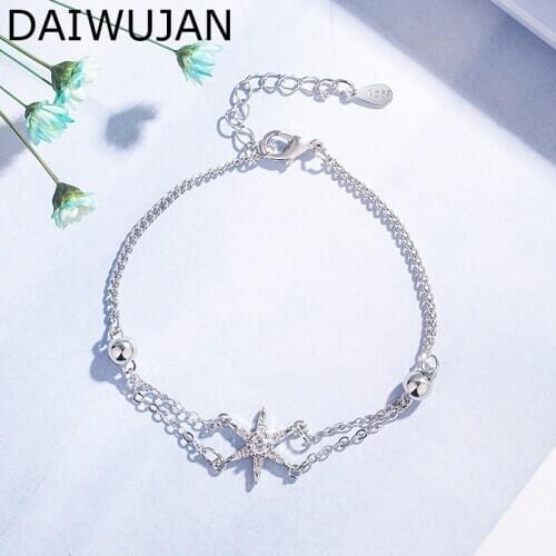 DAIWUJAN 925 Silver Star Charm Bracelets Female Micro Zircon Double Line Beads Chain Bracelet For Women Party Beach Jewelry