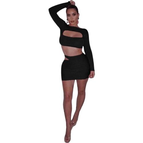 Two Piece Set Women Chest Hollow Out Long Sleeve Hip Slit 2 Piece Skirt Sets Sexy Outfit Dress Sets