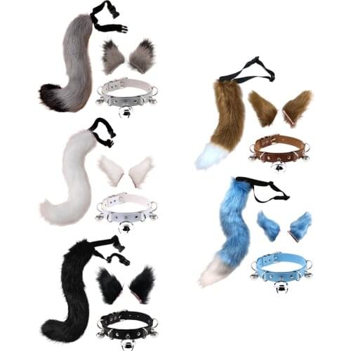 Faux Fur Cat Ears Hair Clip Furry Wolf Fox Tail Halloween Bell Leather Neck Chocker Cosplay Set