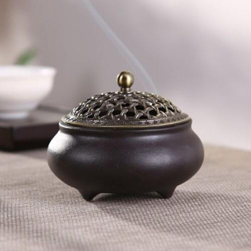 Round Ceramic Censer Classical Incense Burner with Cover Porcelain Coil Incense