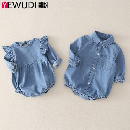 Hot Sale Baby Girls Denim Clothes Cute Ruffle Long Sleeve Rompers Newborn Boys Casual Jumpsuit Toddler Outerwear Outfits Autumn
