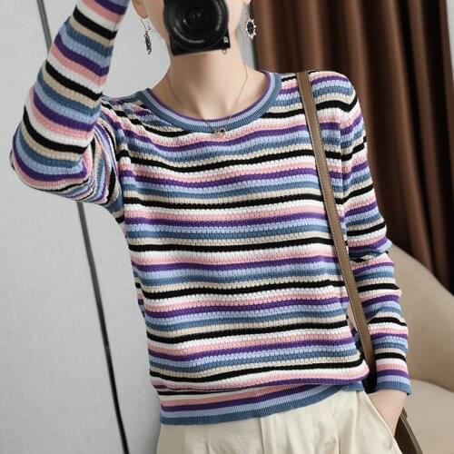 2021 Spring And Autumn New Striped Cotton Bottoming Short Blouse, Korean Knit Sweater Design, Loose Knit Outer Wear