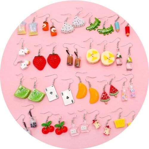 Multiple Clear Resin Funny Food Fruit Drop Dangle Earrings for Women Girl Colorful Metal Pendant Earrings Korea Holiday Jewelry