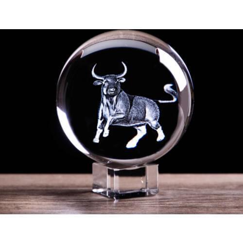 Animal Zodiac Cow Figurines Crystal Ball Charging Stock Market Bull Feng Shui Glass Marbles Sphere Globe Home Art Decoration