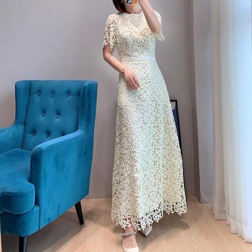 Light Yellow Midi Length Thick Lace Embroidery Dress UK Collections Summer New