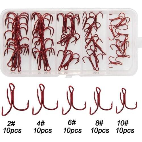 Easy Catch 50Pcs/Box Treble Fishing Hooks Set - High Carbon Steel Round Bend Treble Hook Size 2# 4# 6# 8# 10