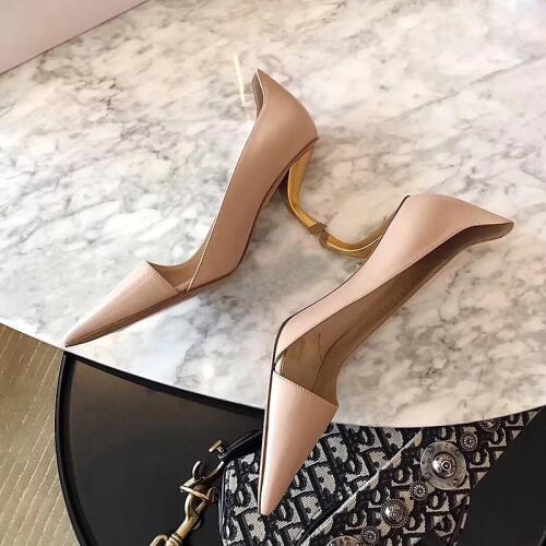 Fashion Women Pumps Genuine Leather Pointed Toe Slip On Metal Strange Style High Heels Office Pumps Sexy Party Shoes Woman