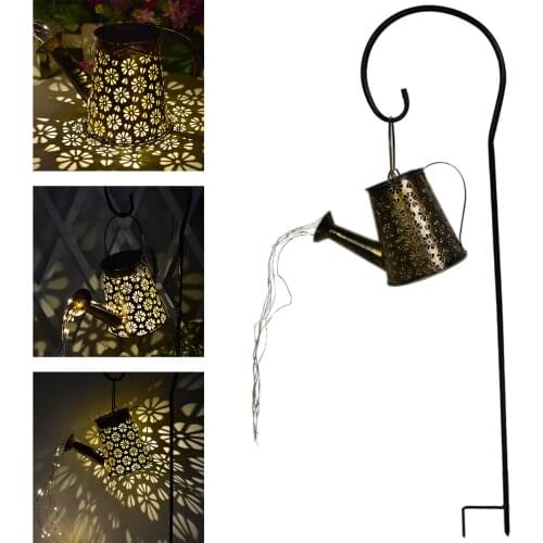 Outdoor Solar Watering Can Light Ornament Wrought Iron Hollow Out Solar Powered Fairy String Lamp Outdoor Garden Lawn Yard Decor