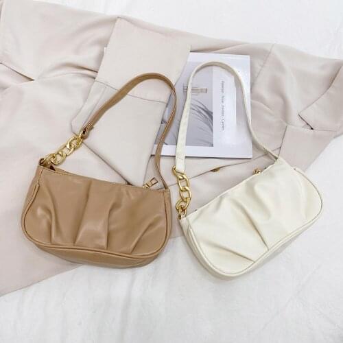 Vintage Pleated Thick Chain Shoulder Underarm Bag for Women All-match Ladies Small Casual Purse Pure Color Square Bags Handbags