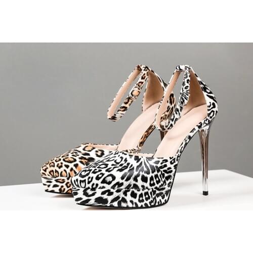 Womens Leopard Platform Pumps Pointy Toe Stilettos Metal Heel Shoes Pumps Genuine Leather Mixed Colors New 2021