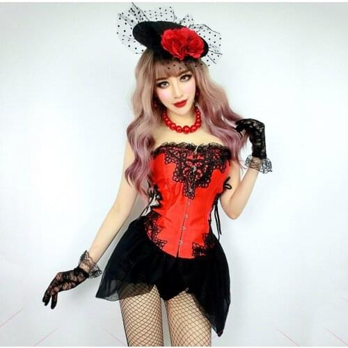 ValentineS Day Ds Jazz Costume Pole Dancer Stage Sexy Red Lace Corset Tube Top Suit Nightclub Bar Rave Show Wear Lady DNV13686