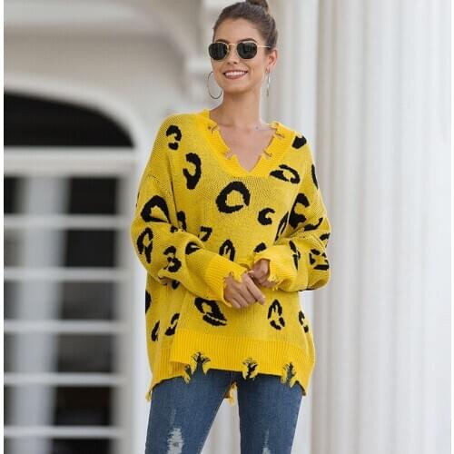 DANJEANER V Neck Leopard Printed Oversized Sweater Women Casual Knitted Pullovers Long Sleeve Jumper Pull Femme Ropa Mujer