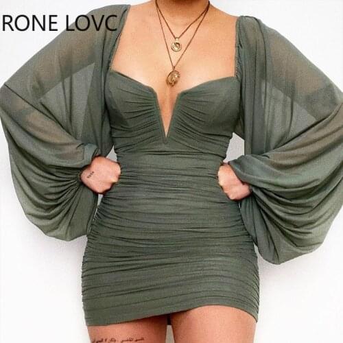 Women V-Cut Lantern Sleeve Ruched Bodycon Dress Casual Dress Summer Mini Dress