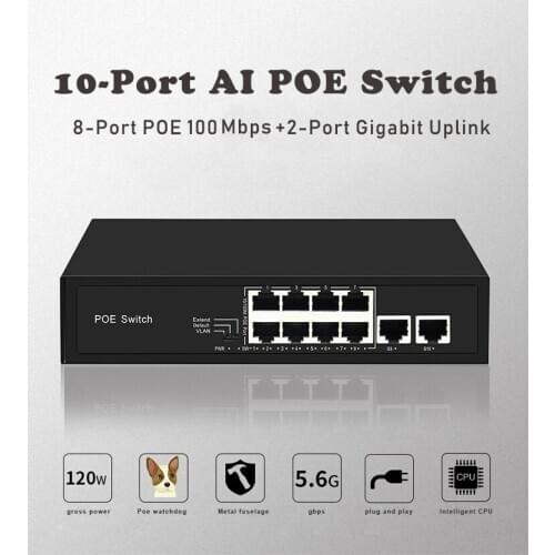 10-Port POE Switch 8-Port 100M+2 Gigabit Uplinks POE Switch With Internal Power 120W VLAN 250m For Monitor Camera Power Supply