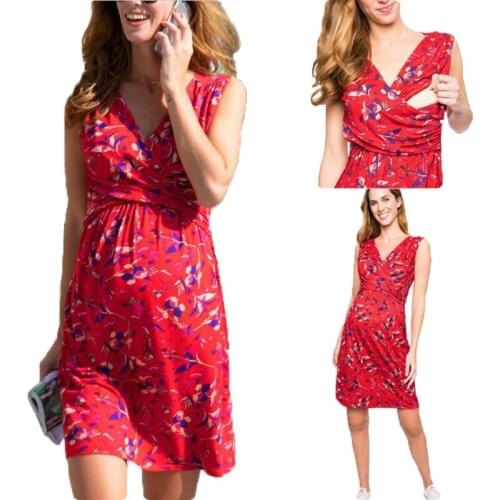 2021 fashion pregnant dress Sleeveless V-neck print maternity dress nursing dress Q0811
