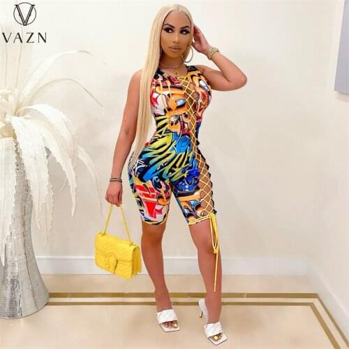 VAZN 2021 women fashion hot sale sexy beach style jumpsuits sleeveless hollow out printed tight jumpsuits short pants