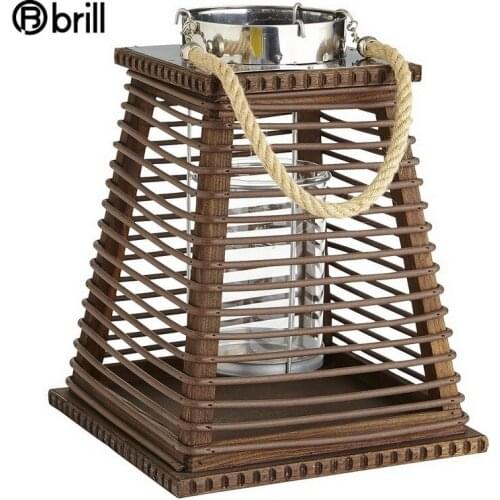 Large Rattan Wood Candle Holders Glass WindProof Candlestick Candle Table Hotel Courtyard Gift Home Decoration Accessories