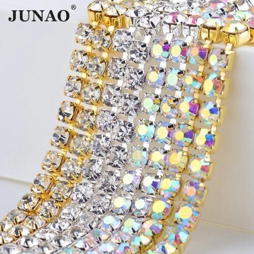 JUNAO SS 6 8 10 12 16 18 Glass AB Rhinestone Chain Trim Sewing Metal Fringe Strass Ribbon Banding Crystal Applique for Crafts