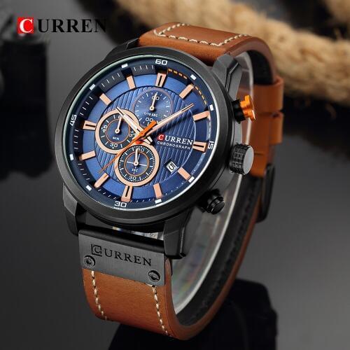 CURREN 8291 Luxury Brand Men Business Chronograph Sport Leather Wristwatch with Calendar Black Dial Quartz watch heren horloge