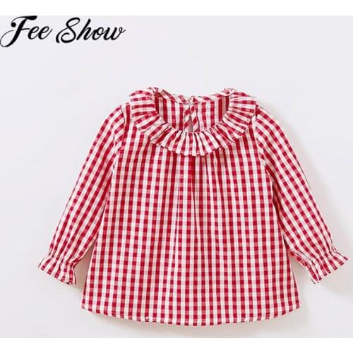 Kids Girls Plaid Blouse Spring Teenager Ruffles Collar Cotton Top Blouse Shirt 1 2 3 4 Year Long Flare Sleeve Children Clothing