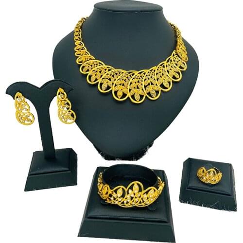 Dubai Jewelry 24k color gold luxury African wedding gifts bridal bracelet necklace earrings ring Habesha jewelry set for women