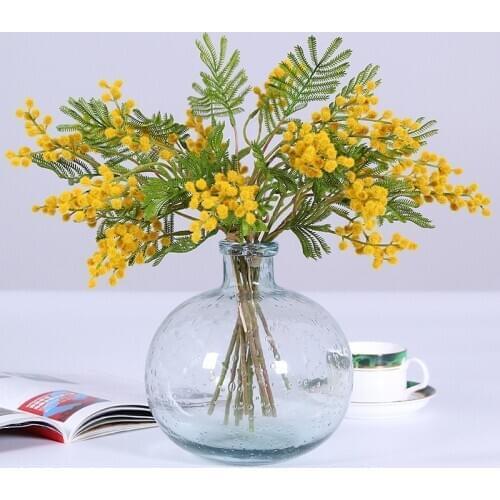 6Pcs Artificial Acacia Yellow Mimosa Plush Pudica Spray Cherry Silk Fake Flower For Wedding Home Decoration Red Bean Plant