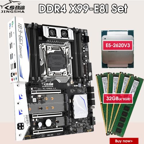 JINGSHA X99 E8I X99 Motherboard with Intel XEON E5 2620 V3 with 4*8G DDR4 NON ECC memory combo kit set NVME SATA 3.0 USB