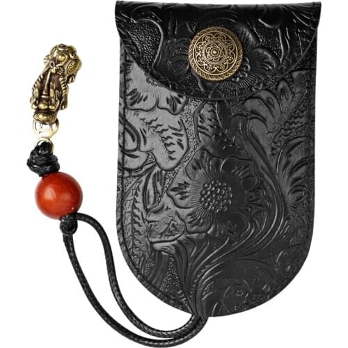 Embossed Printed Retro Genuine Leather Car Smart Key Wallet Handmade Door Key Housekeeper Keychain Bag Mini Coin Purse