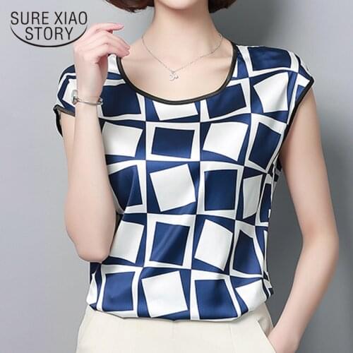 Womens Blouse Fashion New Summer Sexy Casual Silk Shirts Women Printed Blouse Shirt Tops Party Girls Blusas Femininas D733
