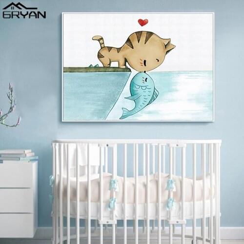 Love Baby Nursery Poster Fish Cat Kiss Animal Canvas Prints Painting Wall Art Cute Cartoon Decoration Picture for Kids Bedroom