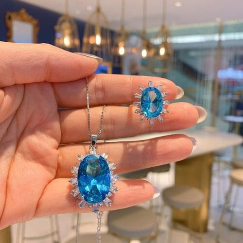 Funmode Blue Oval Shape Pendnat Necklace Ring Necklace For Women Party Jewelry Sets Accessories Wholesale FS270