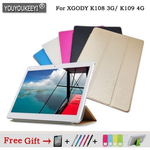 Fashion 3 fold Folio PU stand cover case For XGODY K108 3G/ K109 4G call phone 10.1inch tablet pc ,5 color for choose+3 gift