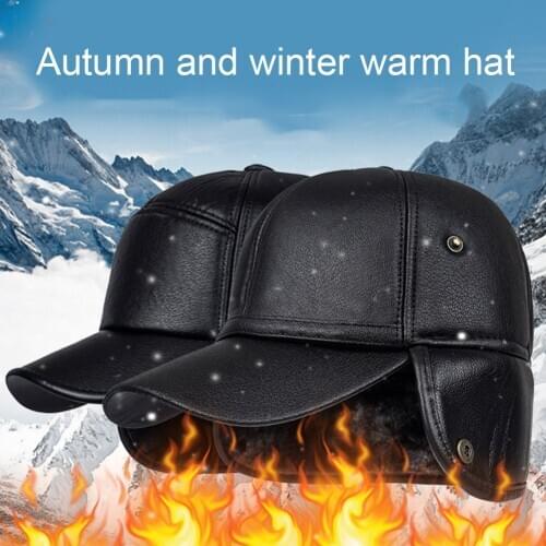 Men Baseball Cap PU Leather Plush Warm Winter Outdoor Sports Earflap Hunting Hat A66