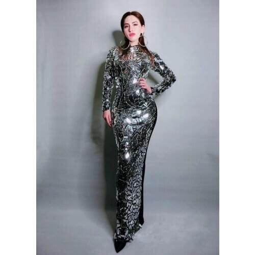 New Design Bright Full Mirrors Long Dress Women Evening Birthday Dresses Rhinestone Costume Prom Celebrate Grey Bling Dresses