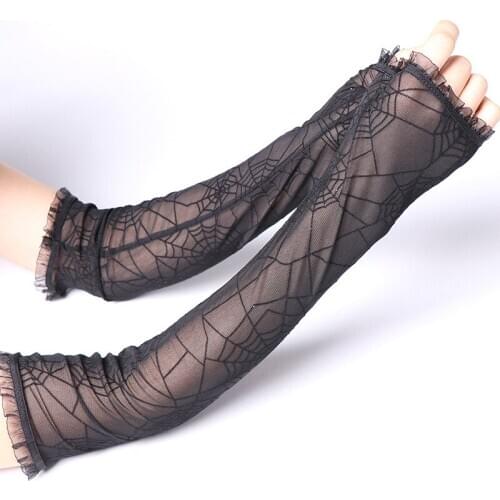 New Womens Half Finger Spider Web Pattern Gloves for Halloween Decoration Dress Up Dance Party Props Cosplay Performance Gloves