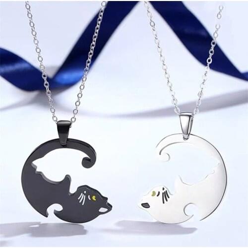 Two Cat Couples Jewelry Necklace For Lovers Kitten Animal Pendant Choker Necklace Women Valentines Day Jewelry For Friends