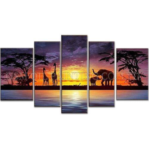 Professional Artist Handmade High Quality Abstract Landscape Elephant and Giraffe Oil Painting on Canvas African Oil Painting