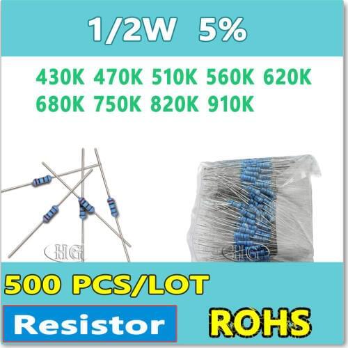 JASNPROSMA 500PCS/LOT 5% 1/2W 430K 470K 510K 560K 620K 680K 750K 820K 910K carbon film DIP OHM Resistor